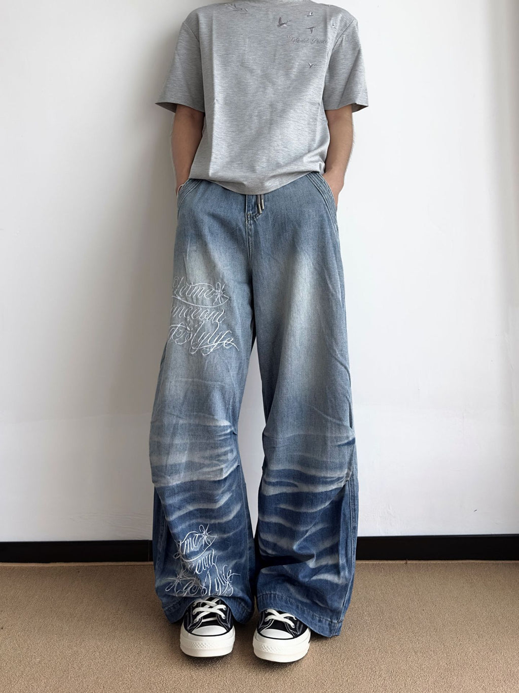 The Ocean Script Embroidered Loose Fit Jeans