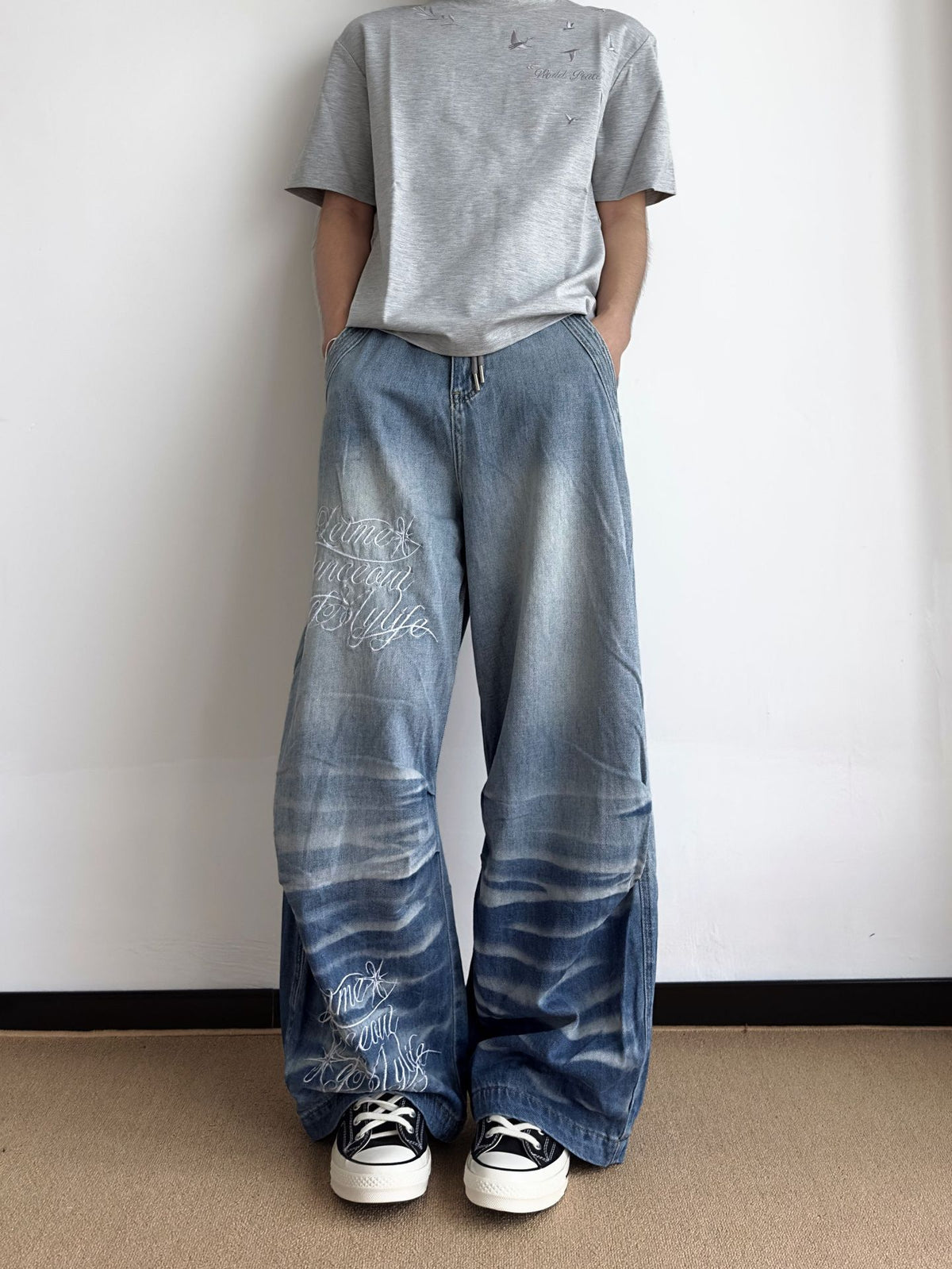 The Ocean Script Embroidered Loose Fit Jeans