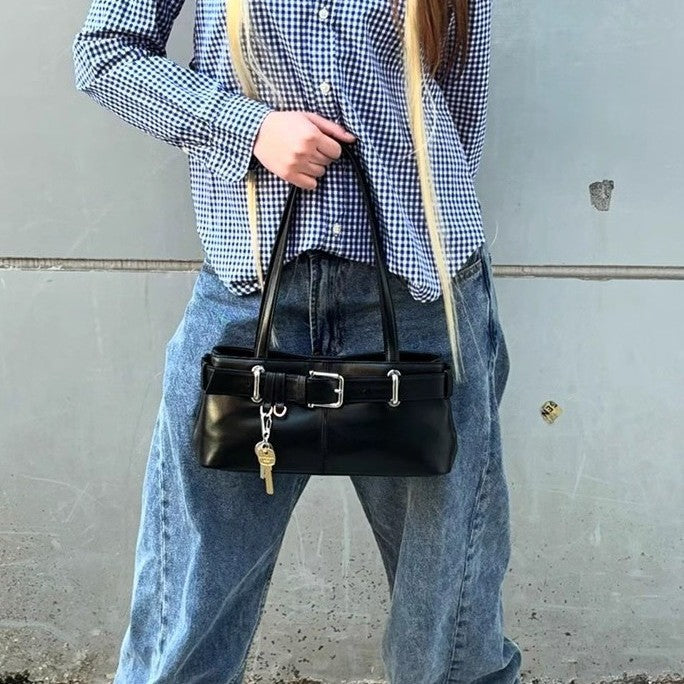 Japanese Street Style Underarm Shoulder Bag – Buckle Detail PU Handbag