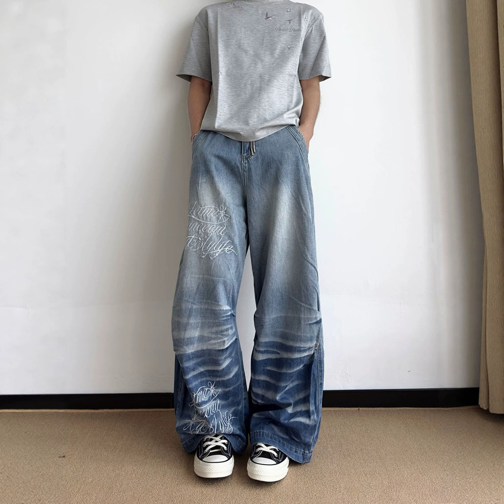 The Ocean Script Embroidered Loose Fit Jeans