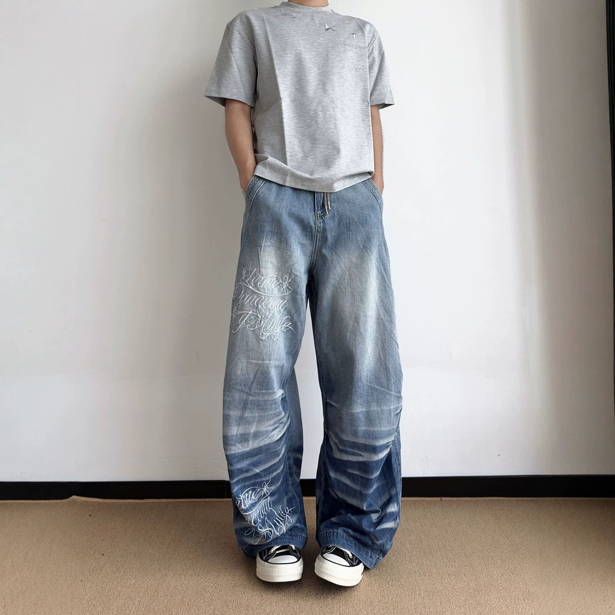 The Ocean Script Embroidered Loose Fit Jeans