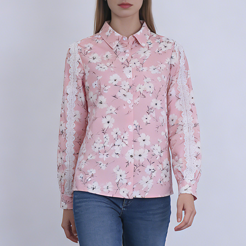 Lace Sleeve Printed Casual Shirt