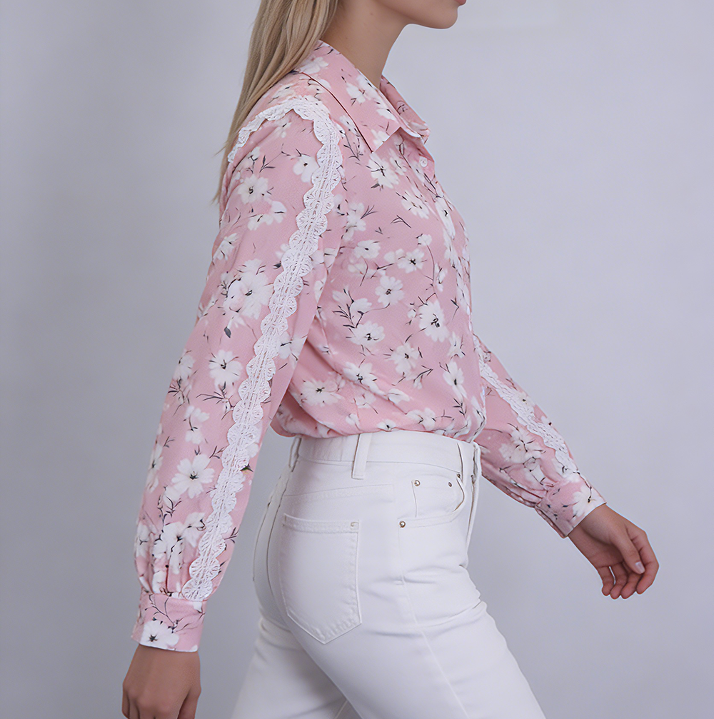 Lace Sleeve Printed Casual Shirt