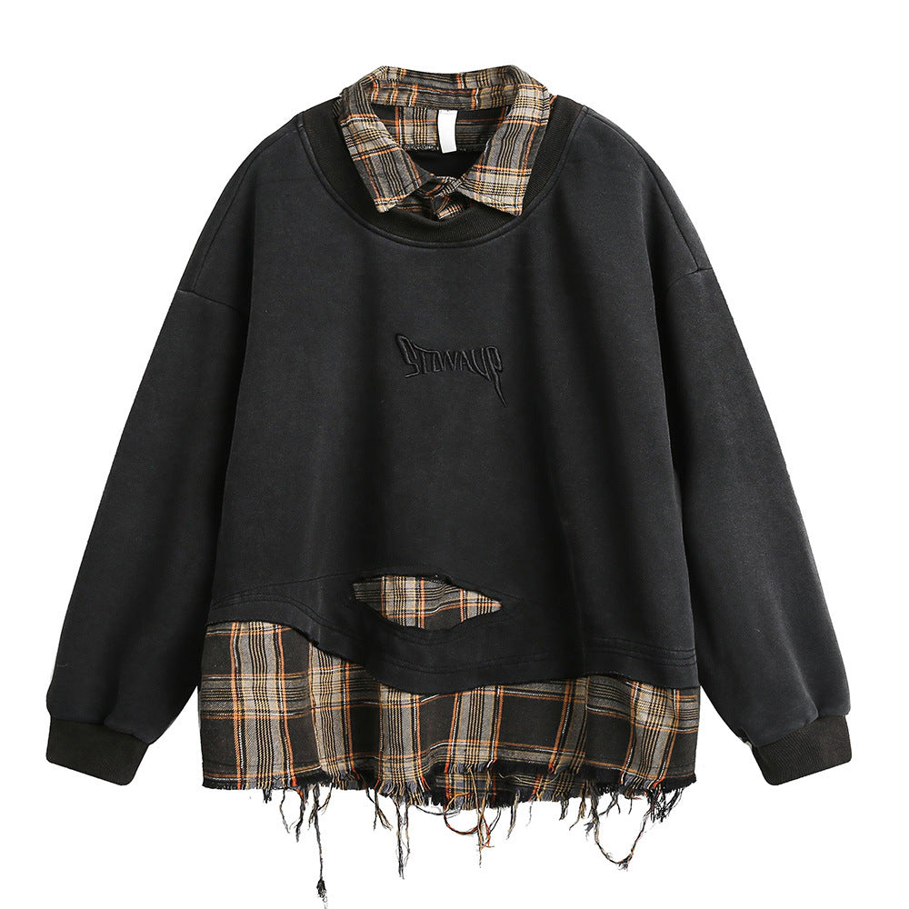 Distressed Plaid Layered Sweatshirt