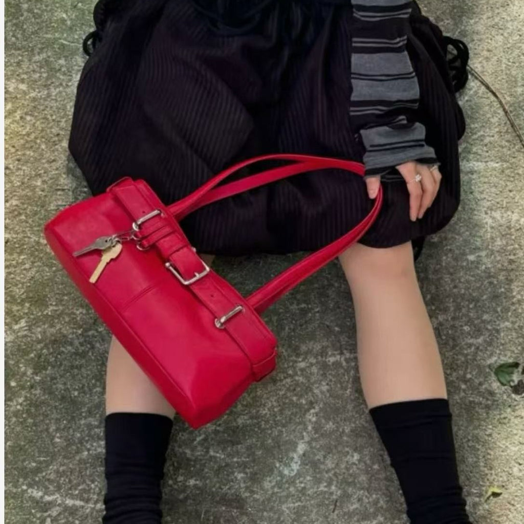 Japanese Street Style Underarm Shoulder Bag – Buckle Detail PU Handbag