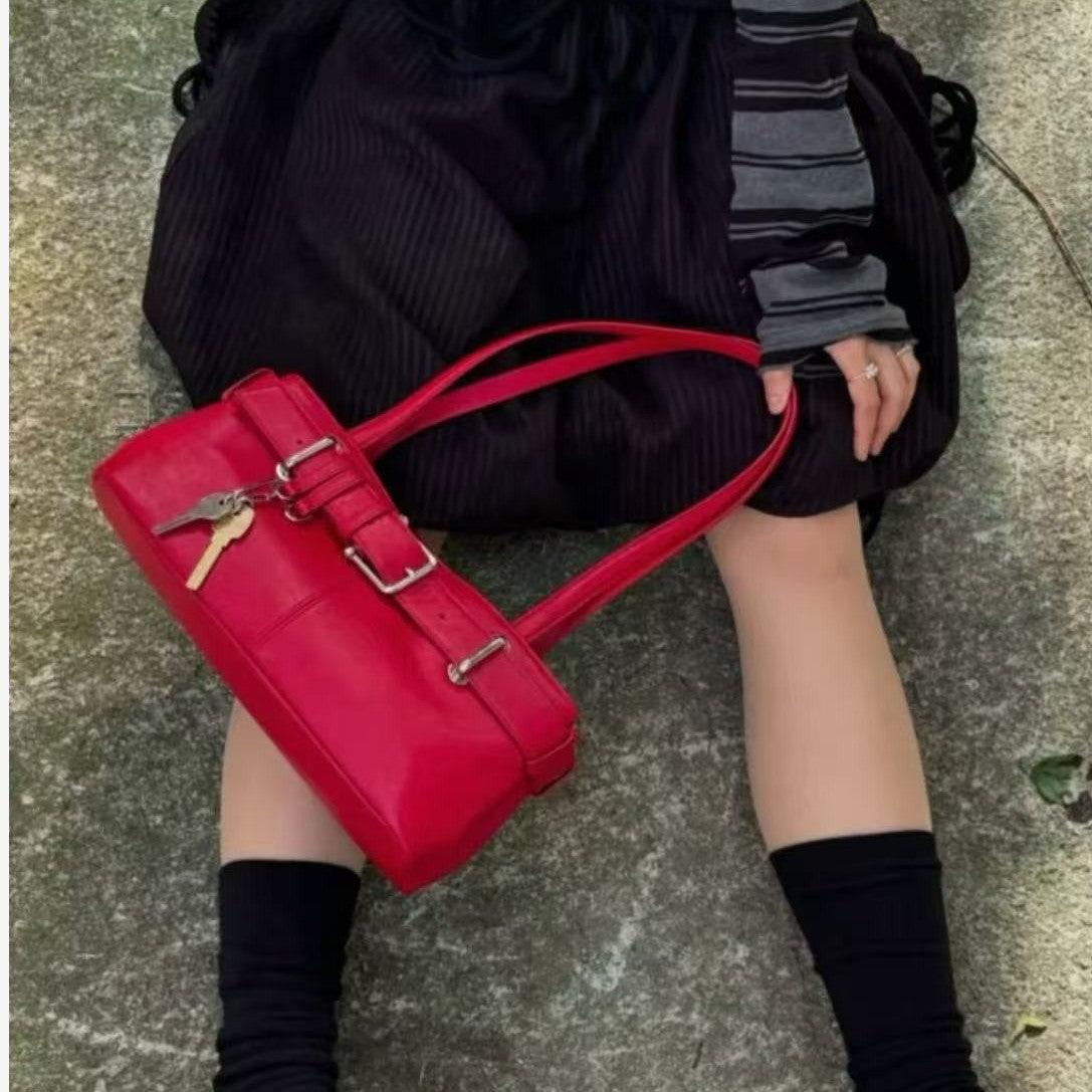 Japanese Street Style Underarm Shoulder Bag – Buckle Detail PU Handbag