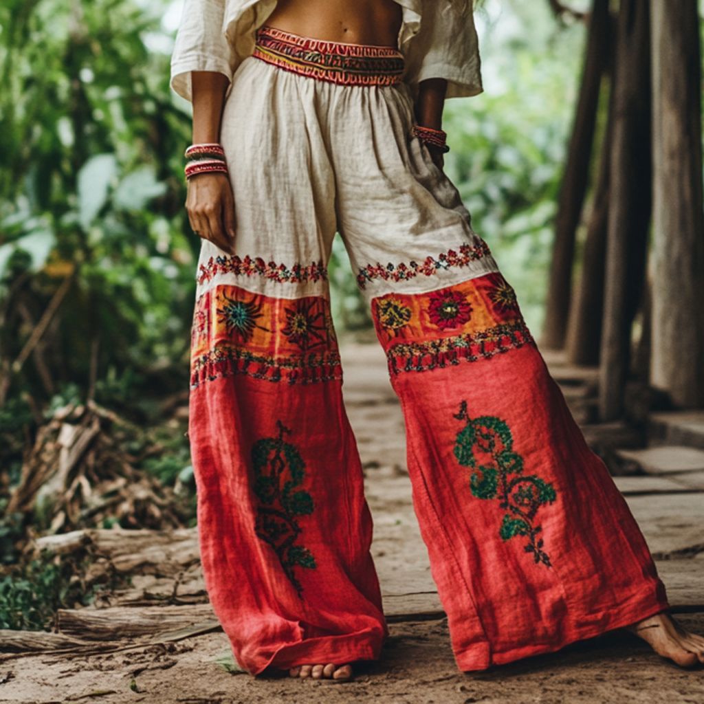 Vintage Print Wide-Leg Pants