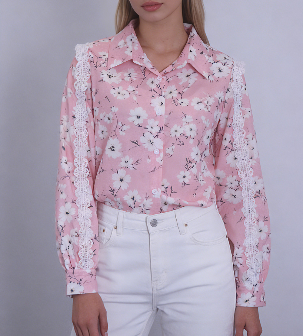 Lace Sleeve Printed Casual Shirt