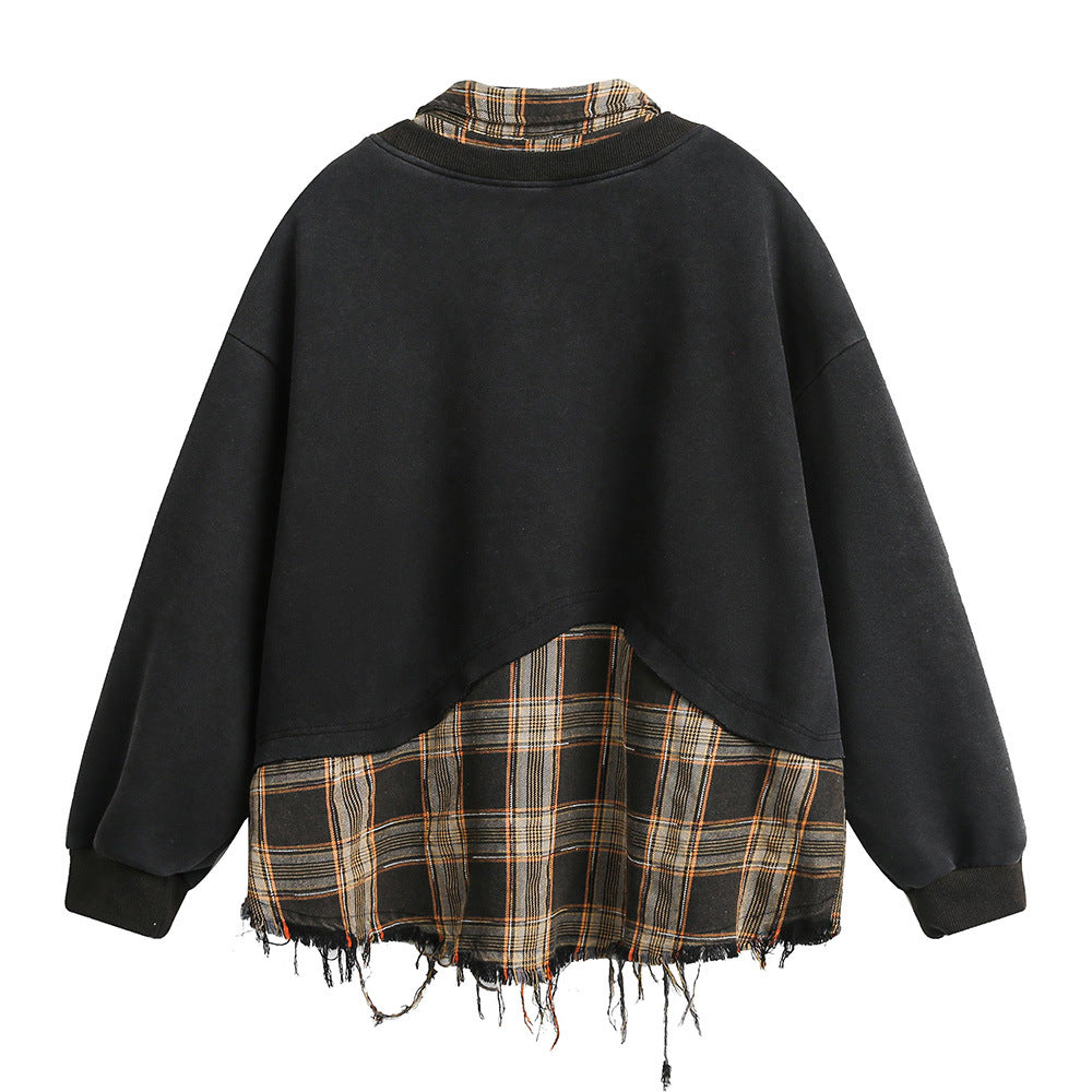 Distressed Plaid Layered Sweatshirt