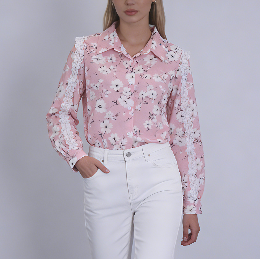 Lace Sleeve Printed Casual Shirt