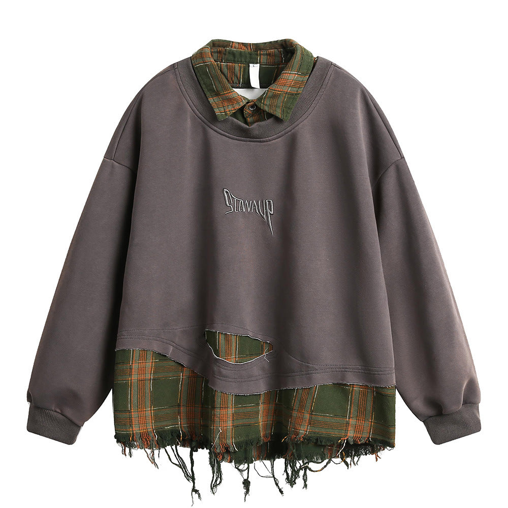 Distressed Plaid Layered Sweatshirt