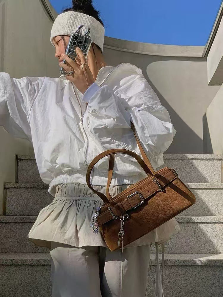 Japanese Street Style Underarm Shoulder Bag – Buckle Detail PU Handbag